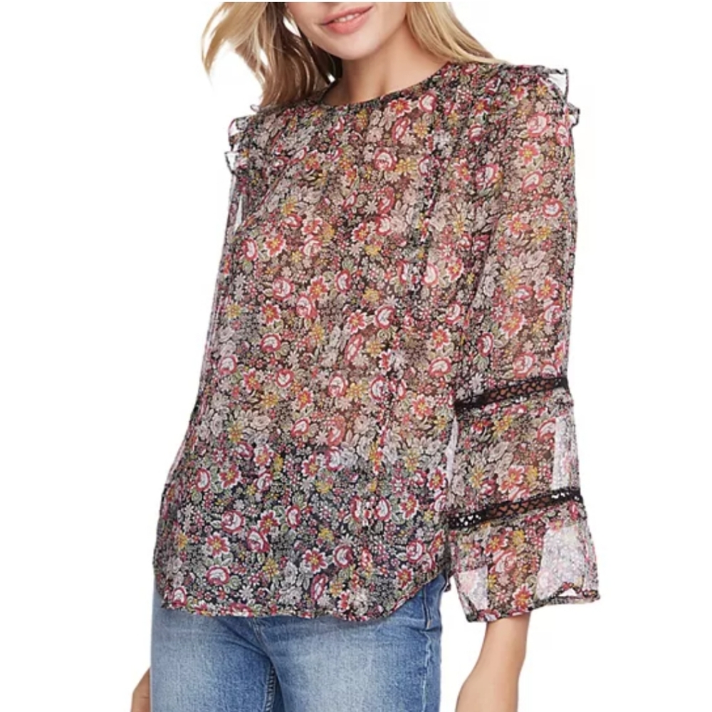 1. State Floral Sheer Blouse - Black and Pink